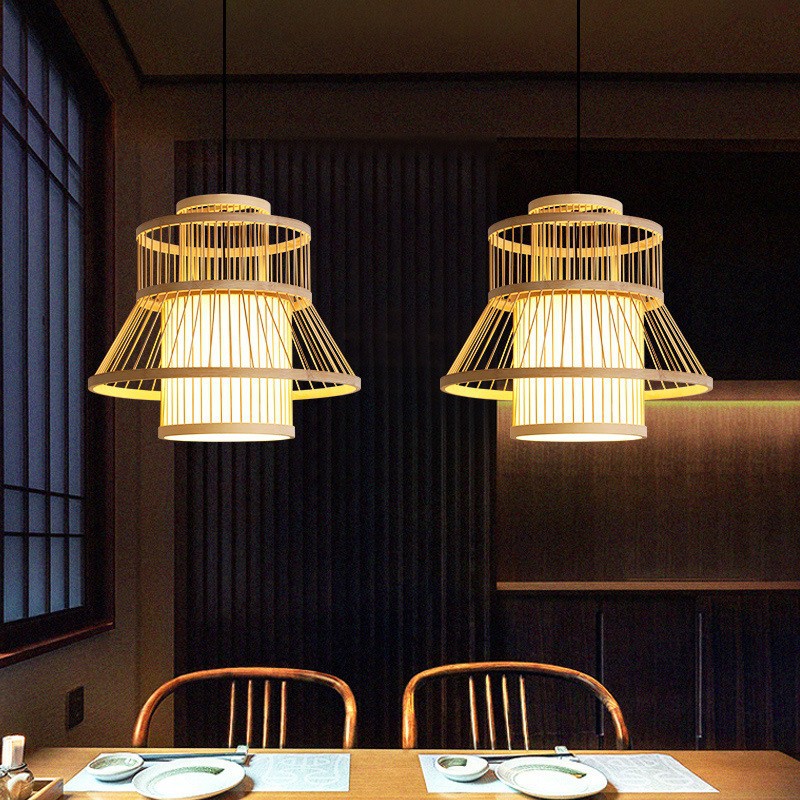 Bamboo craft bamboo weaving pendant light Chinese minimalist pastoral restaurant hotel inn bedroom balcony Japanese lantern with spotlights