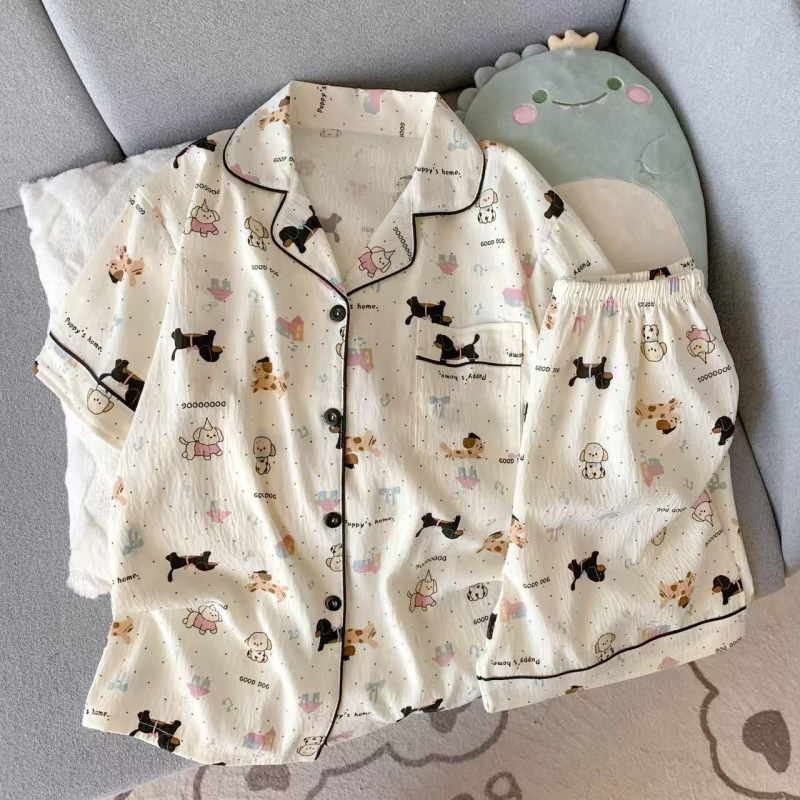 ピンク KT 猫パジャマ夏の女性の純粋な綿半袖ショーツ甘い雲綿夏は家の服セットの外で着用できます|undefined