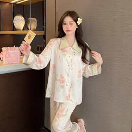 跨境春秋冰丝睡衣女甜美郁金香小红书抖音网红爆款家居服套装批发
