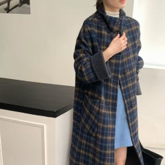 韩系氛围感双面羊毛大衣女2025年新款复古格纹拼色高级感毛呢外套