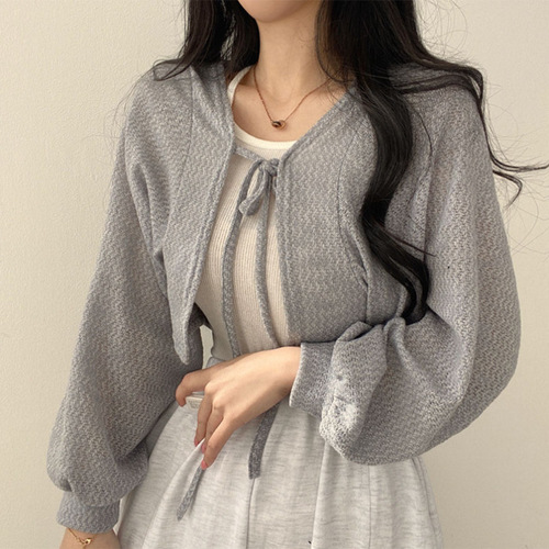 2025 Spring New White Strappy Lantern Sleeve Thin Simple Loose Versatile Open Knit Short Women's Coat