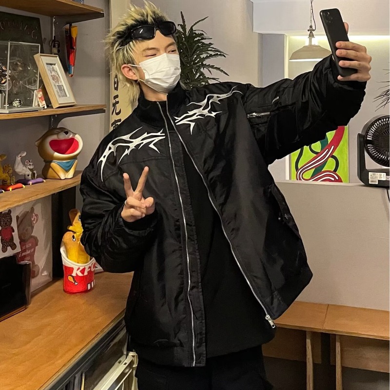 美式高街暗黑系飞行员夹克棉服男秋冬季设计感hiphop情侣棉衣外套