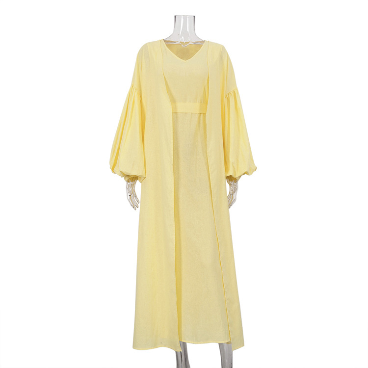 Women's Fashion 2026 Spring And Autumn New Casual Vest Dress With Puff Sleeves, Solid Color Long Robe Two-Piece Set_ecoleips.com