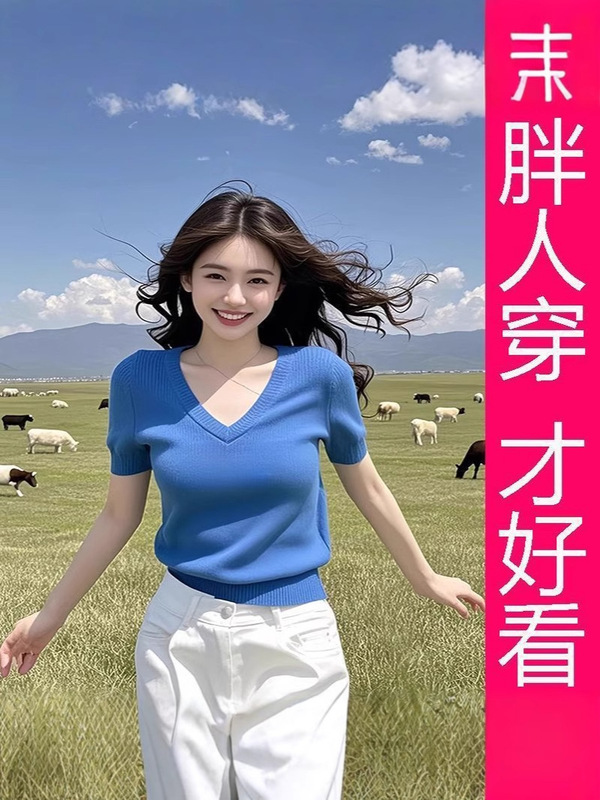 【工場直販】夏新作 美しい半袖ニットTシャツ レディース 右肩 ブルー おしゃれ 万能トップス|undefined