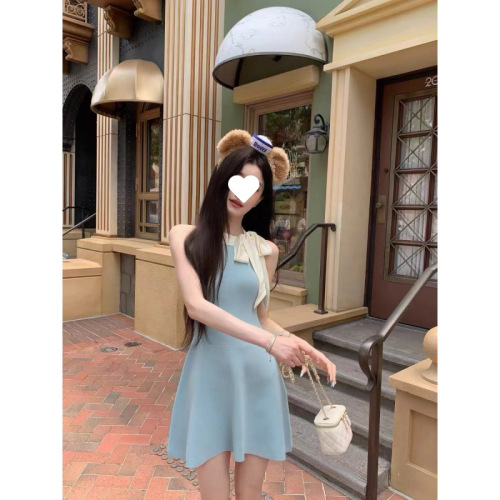 Bow-knot backless halter-neck knitted dress for women: summer, figure-flattering, edgy design, sleeveless, and chic mini skirt for outerwear