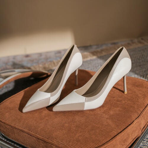 85507 Pointed toe color block high heels women's stiletto heels 2024 spring and summer new fashion versatile green shallow mouth single shoes