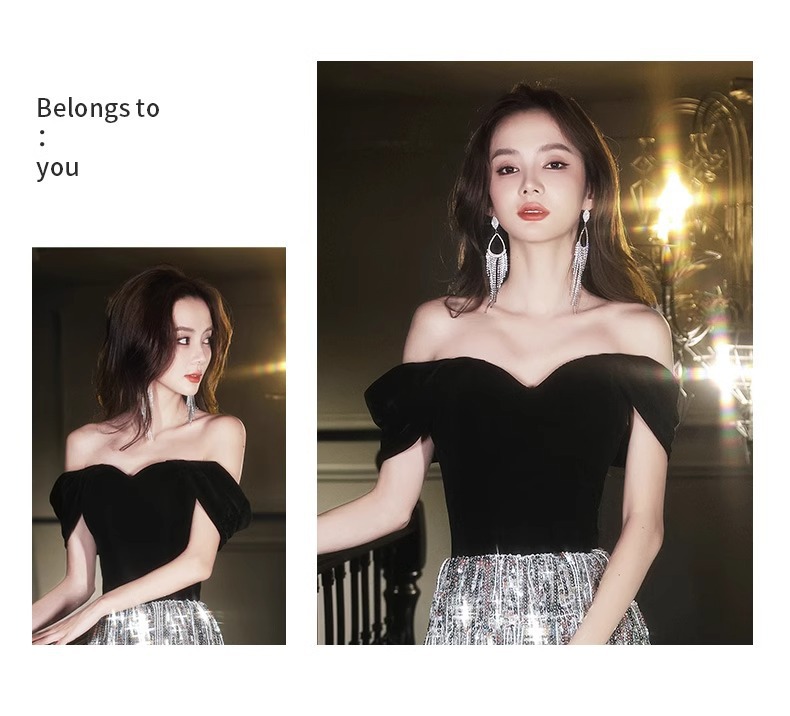 Đầm dạ hội nữ trễ vai đính sequin phong cách Pháp — Màu hình ảnh mẫu dài chi tiết 9
