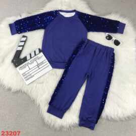 欧美精品店童装外贸批发蓝色亮片新款长袖长裤套装
