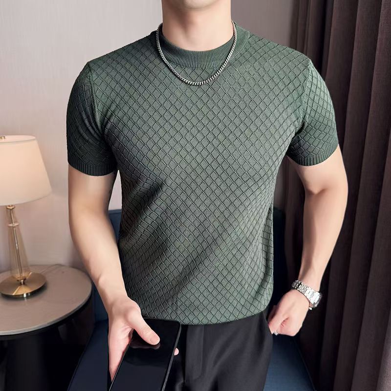 新款镂空冰丝针织短袖男士运动健身显肌肉可外穿针织打底衫半袖|undefined
