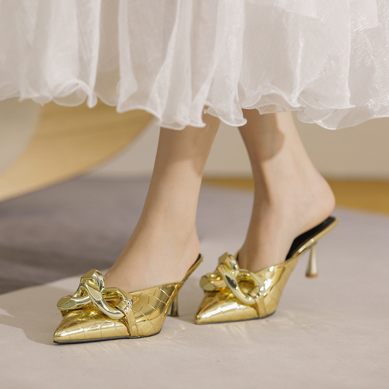 Women's Silver High-heeled Slippers With Chain And Pointed Toe_voghion.com