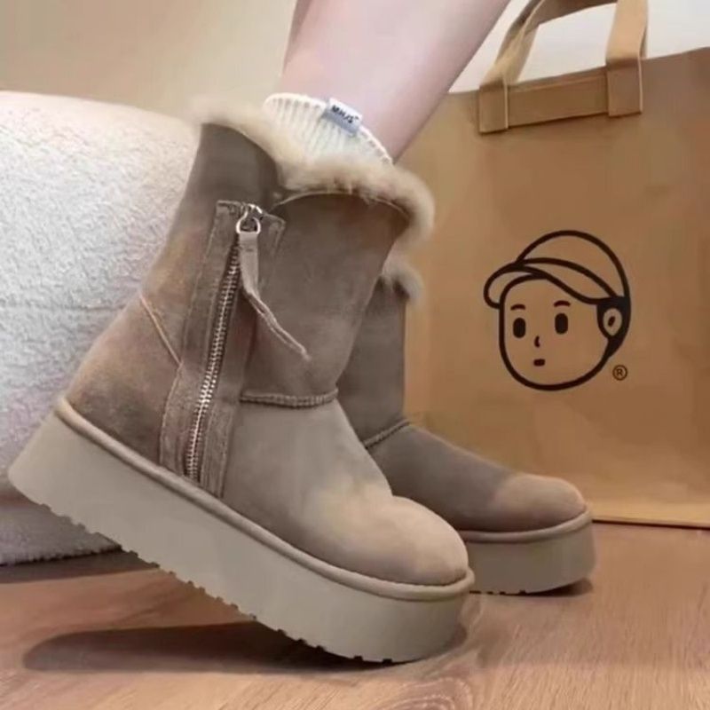 Botas de algodón gruesas del noreste de la nueva piel cálida en un tubo corto botas de nieve gruesas con cremallera lateral femenina