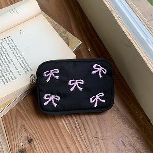 Cross-Border Sweet Girly Heart Embroidered Bow Atmosphere Niche Coin Purse Lipstick Bag Data Cable Storage Bag