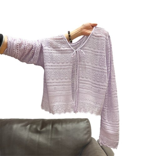 Korean ice silk knitted cardigan for women's summer thin long-sleeved short sunscreen shawl outer jacket hollow blouse top