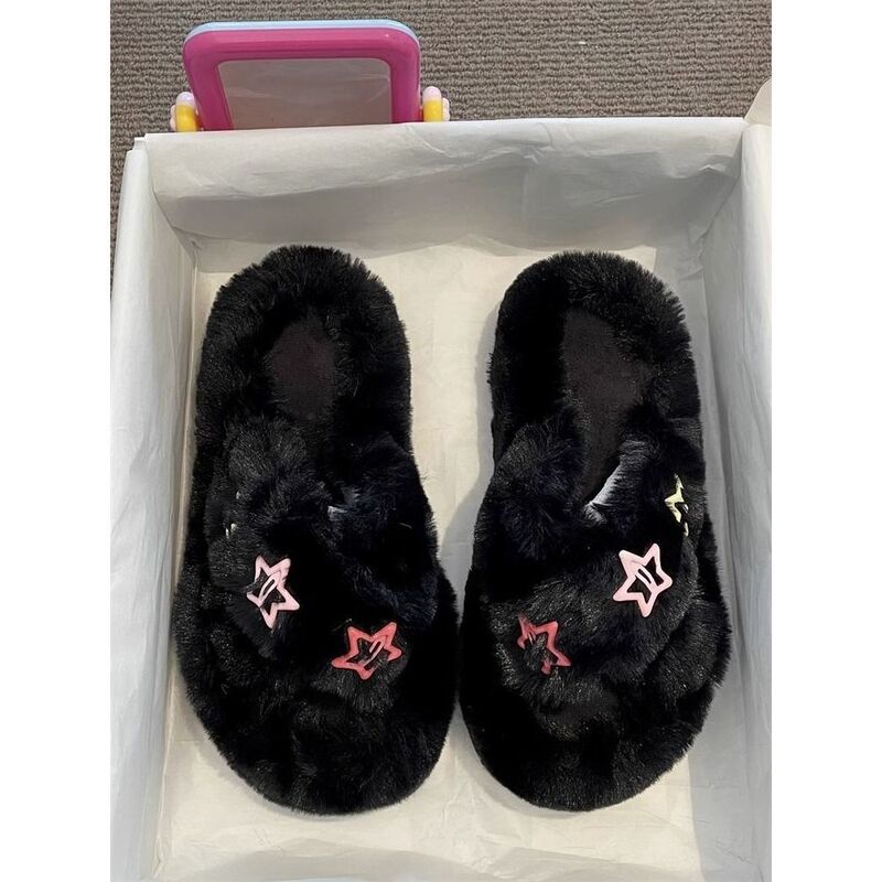 Trendy Cute Lazy Autumn Winter Cotton Slippers Home New Furry Slippers for Women Outdoor 2025 Cross Thick Sole