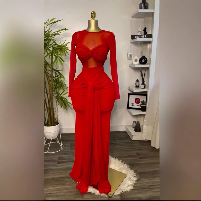 European and American Cross-Border Tk Amazon Women's Clothing 2026 Solid Color Long-Sleeve Round Neck Strapless Tight-Fitting Elegant Long Dress