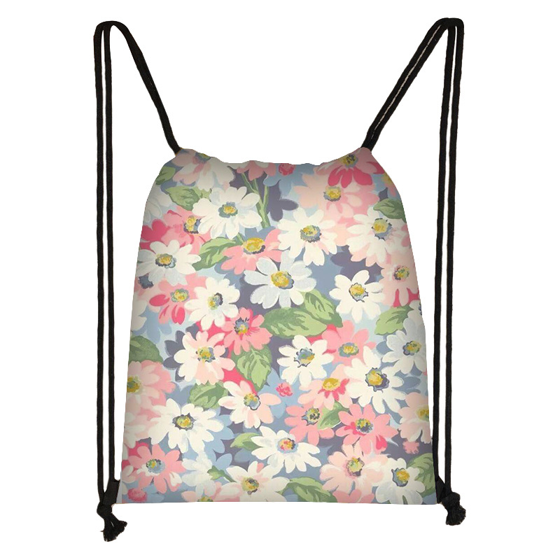 新款ins-碎花双肩背袋小清晰束口袋涤纶制品大容量抽拉绳厂家批发