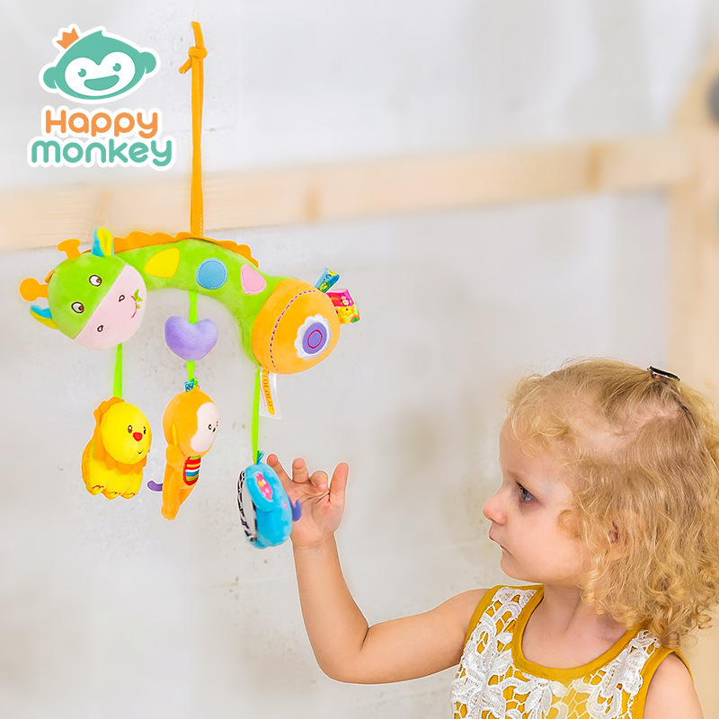 Juguete de peluche relajante con sonajero para colgar en la cuna o cochecito de bebé, con diseño de mono feliz.