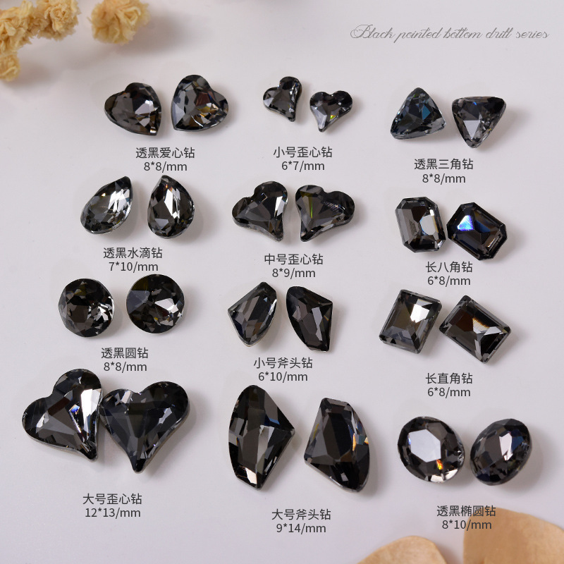Nail art transparent black crystal diamond dark black wind shaped pointed bottom pile Diamond big crooked heart axe water drop love nail drill jewelry