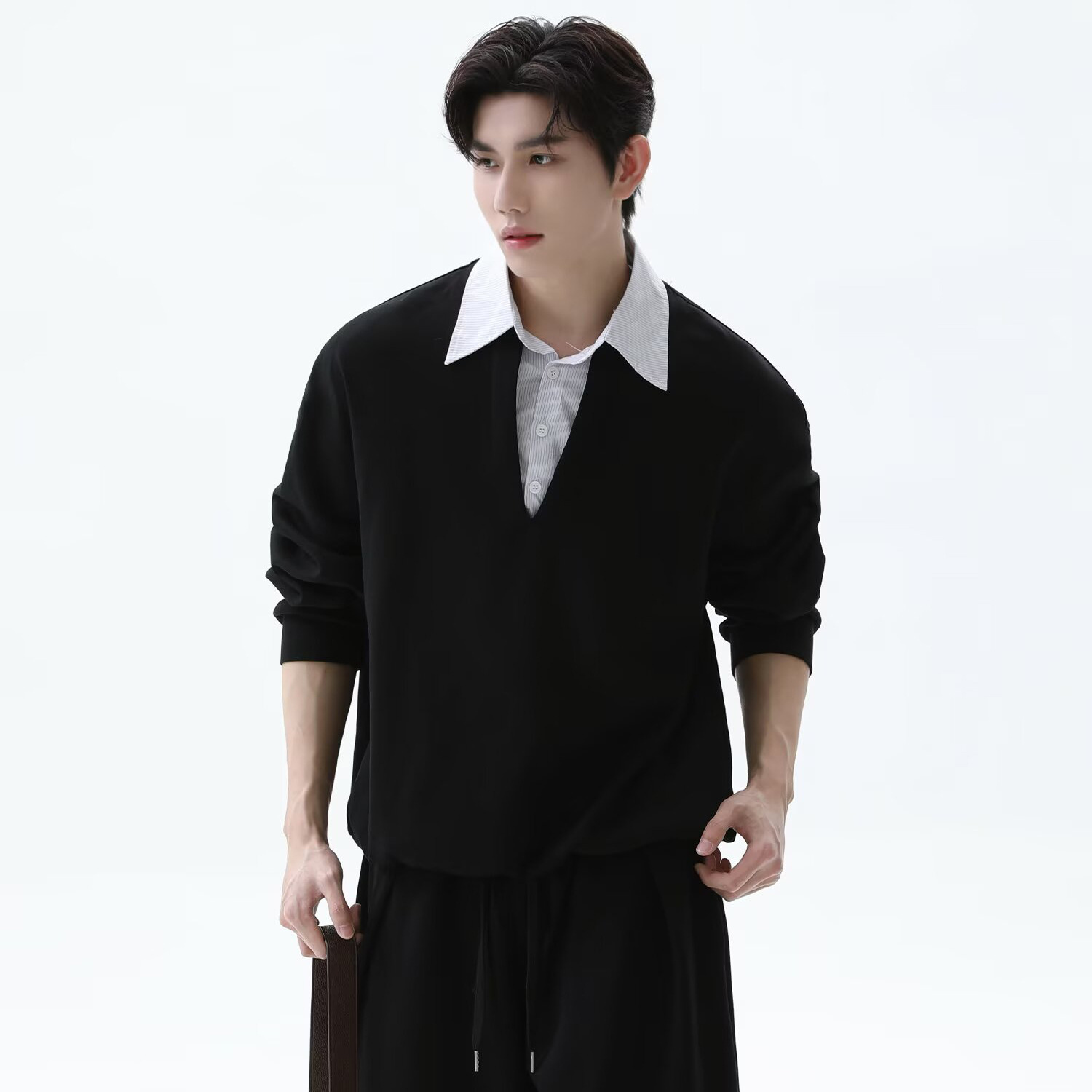 Falsa de dos piezas camisa polo camisa de empalme suéter hombre manga larga pantalones largos conjunto completo viejo viento de dinero fábrica transfronteriza mayorista