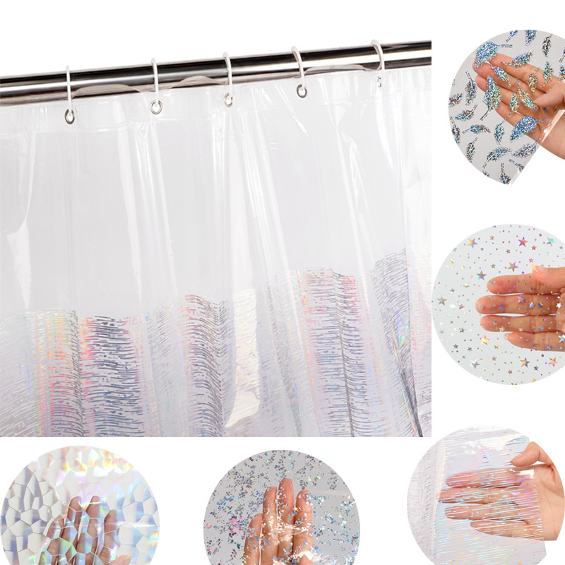 In-Stock Transparent Shower Curtain with Magnets, Laser Colorful Curtain, Waterproof, Thickened, Soft Bathroom Partition Curtain with 12 Rings