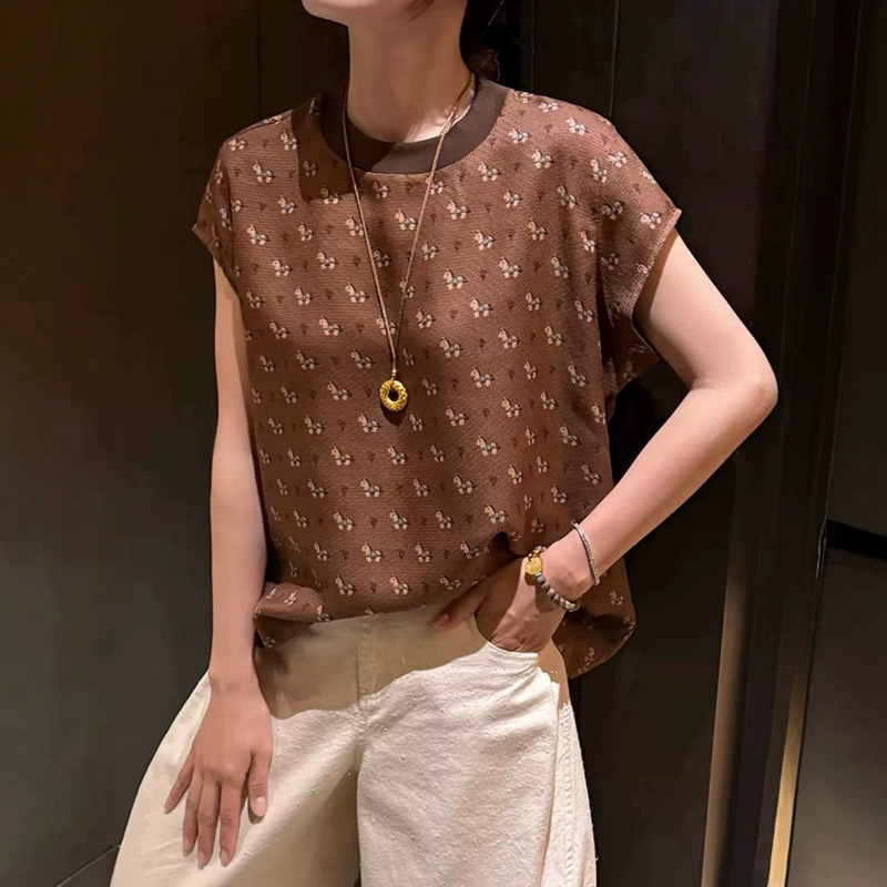 Urban Style Retro Pony Print Ribbed Trendy Short-Sleeve Top 2026 Summer Casual Youthful Versatile Round-Neck Blouse