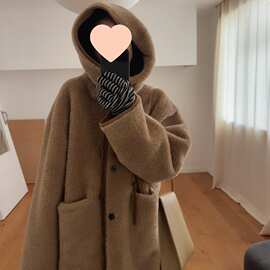 韩国东大门复古气质毛毛温暖皮毛一体连帽抽绳系扣羊羔毛外套均码