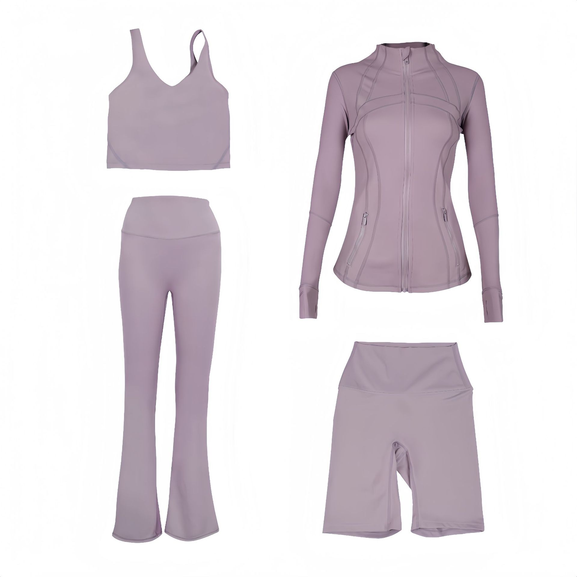 Dameskleding Slim Fit Sportkleding Set U-vormig Vest Uitlopende Broek Shorts Vierdelige Set Op Voorraad Fitnesskleding Gymoutfit_voghion.com