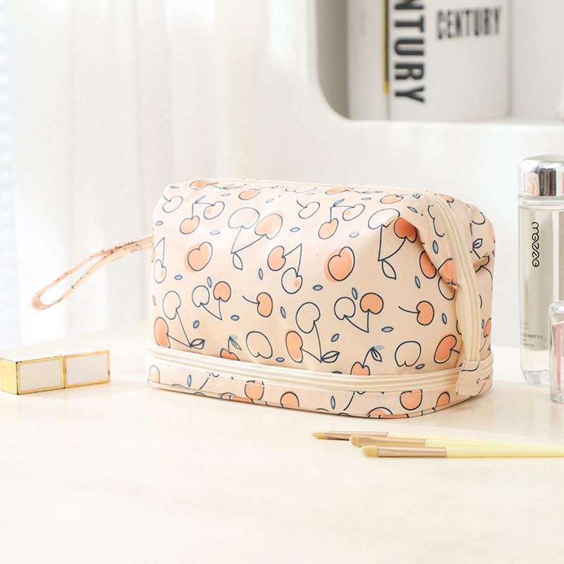 Runhui bolsa de cosméticos de doble capa de sarga de diseño bolsa de lavado de viaje de negocios bolsa de almacenamiento de cosméticos de doble capa de gran capacidad