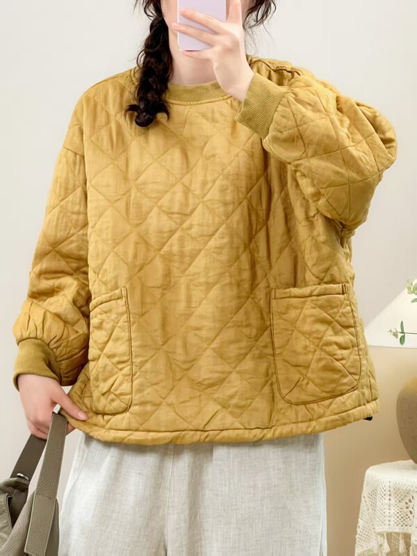 苎麻棉衣 2025冬季新款 文艺菱形格套头上衣女保暖外搭棉服99102|undefined