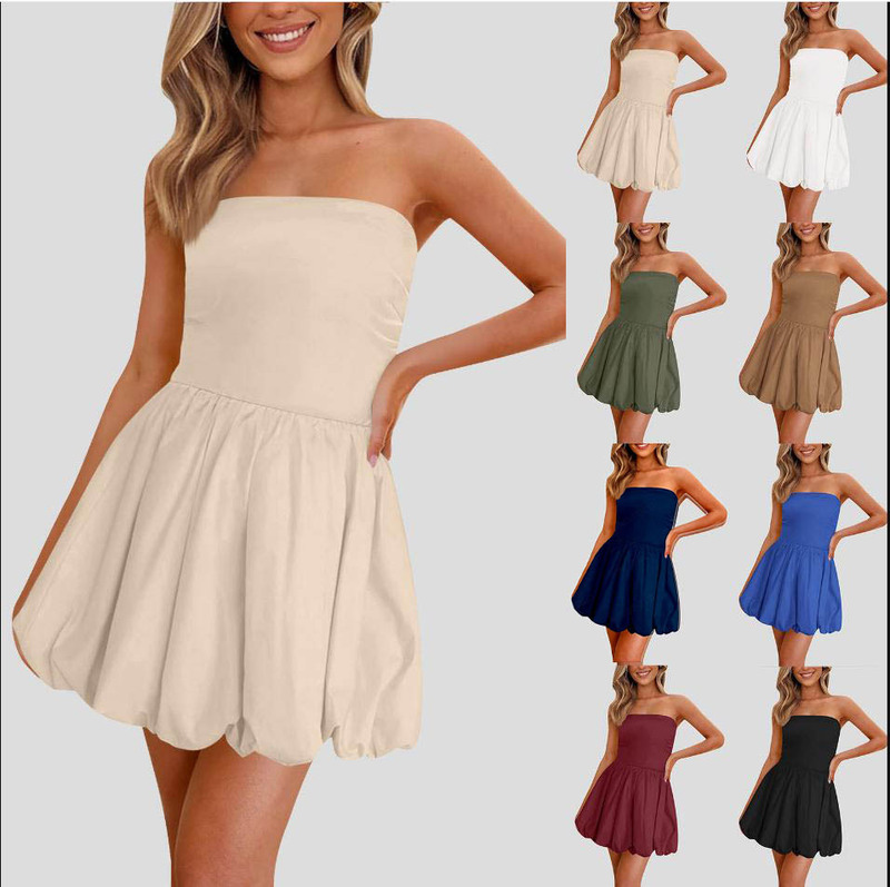 Women's Strapless Tube Top Dress Bubble Skirt Cute Summer Mini Skirt Tube Top Tight Dress