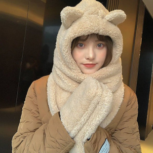 Bear Ear Protection Cap Women's Autumn and Winter Cute Cute Plush Scarf Hooded All-match Korean Style Warm Fashion