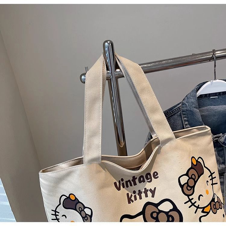 Cartoon canvas single-shoulder bag, women's large-capacity commuter tote bag, Spring/Summer 2025, cute cat tote bag, cross-border Specification drawing