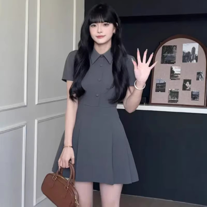 学院风polo衬衫连衣裙女夏季大码胖mm法式收腰显瘦气质灰色A字裙