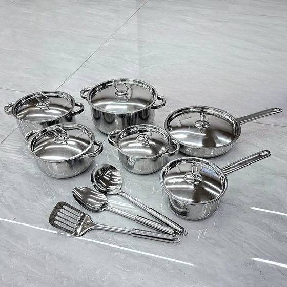 Wholesale cross-border stainless steel cookware suit thickened double bottom milk pan frying pan soup pot 15 piece set of foreign trade gifts
