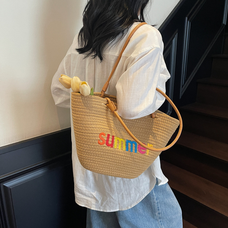 Bolso Tote de Paja Playero, Paja, Diseño Abierto, para Vacaciones y Uso Diario