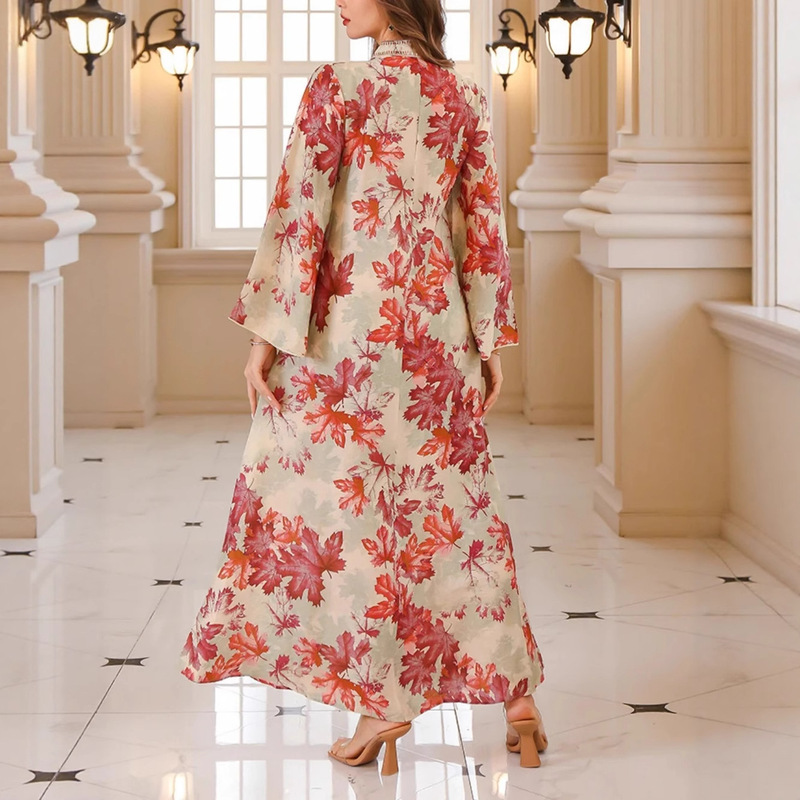 2026 Cross-Border European and American Independent Site Amazon Autumn Long Robe Dress with Floral Print and Long Sleeves