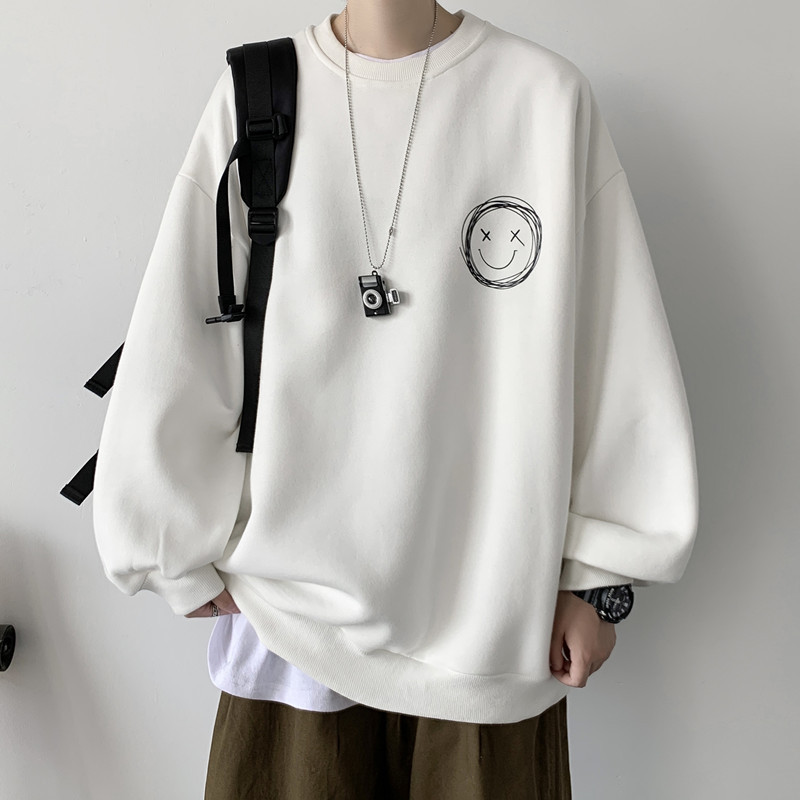 Men's Trendy Sweatshirt, Spring and Autumn Hong Kong Style, Round Neck Pullover, Long Sleeve, Thin White Loose Fit Couple's Clothing, Printed Versatile