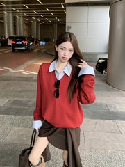 时尚套装红色长袖毛衣女内搭衬衫2025秋季新款不规则半身裙三件套