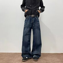 美式复古水洗猫须微喇直筒牛仔裤男女新款休闲小众情侣拖地裤子潮
