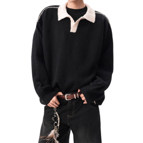 Explosiones transfronterizas de tamaño europeo de tamaño grande polo camiseta collar color mosaico camiseta de punto suéter hombre viejo viento otoño invierno fábrica al por mayor