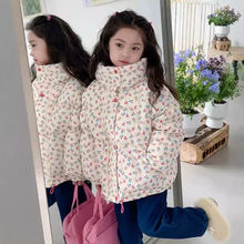 女童2024新款碎花加绒棉服儿童洋气羽绒棉衣连帽面包服外套冬装