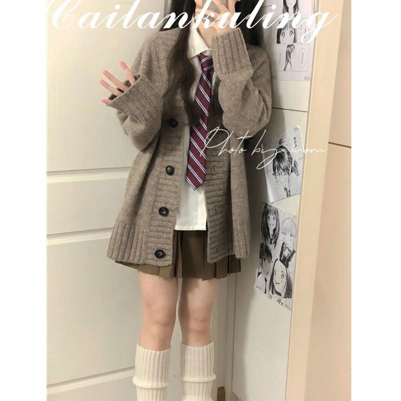 三件套装/单件秋冬复古慵懒风针织毛衣开衫女学生百搭衬衫百褶裙|undefined