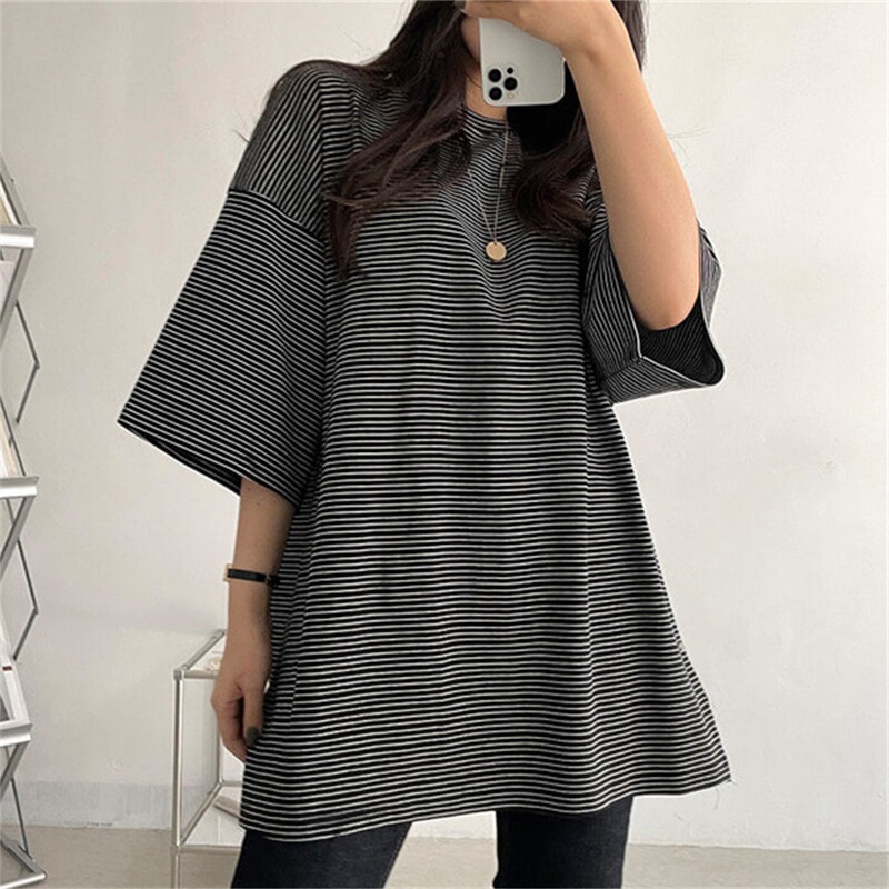 Striped Cotton Short-sleeved T-shirt Women's 2022 New Summer Design Sense T-shirt Half-sleeved White Top Mid-length