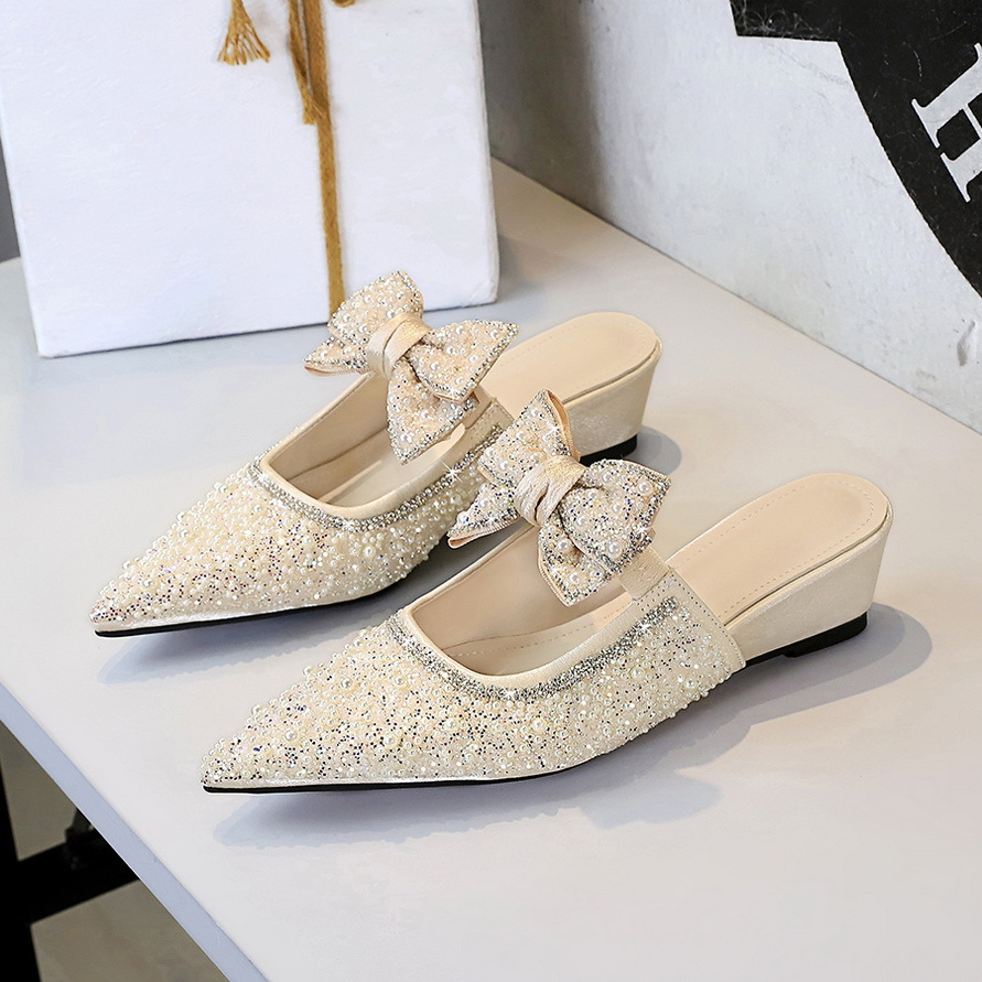 599-1 French Fairy Style Bowknot Pearl Rhinestone Peep Toe Mules For Women High-end Elegant Slip-on Shoes_vogvips.com