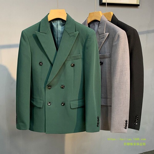 Men's Double Breasted Korean Style Fitted Autumn Suit Jacket Business Casual Light Blue Blazer Trendy Single Piece
