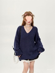 韩系藏蓝色领套头毛衣女秋冬新款外穿宽松慵懒风软糯针织衫上衣