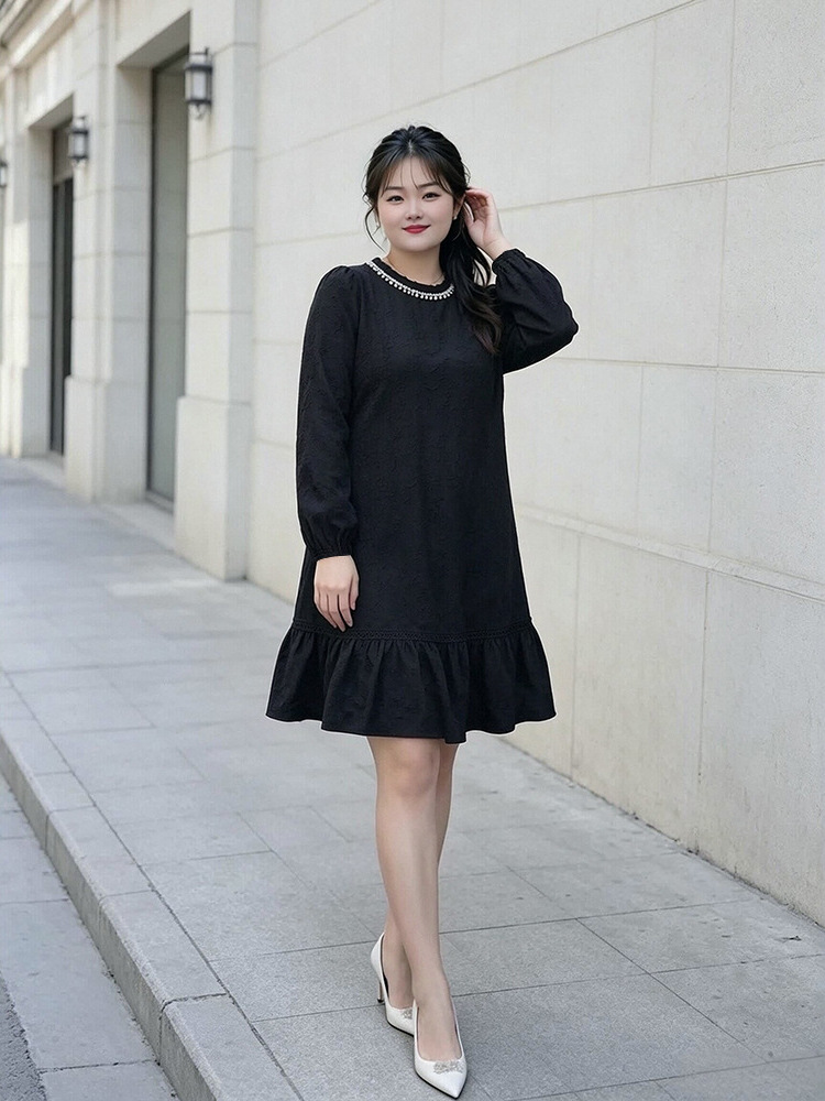 65-160kg Plus Size Women's French-Style Elegant Little Black Dress for Spring and Autumn, Beaded Knit Dress for Slightly Plump Women 65-160kg Plus Size Women's French-Style Elegant Little Black Dress for Spring and Autumn, Beaded Knit Dress for Slightly Plump Women