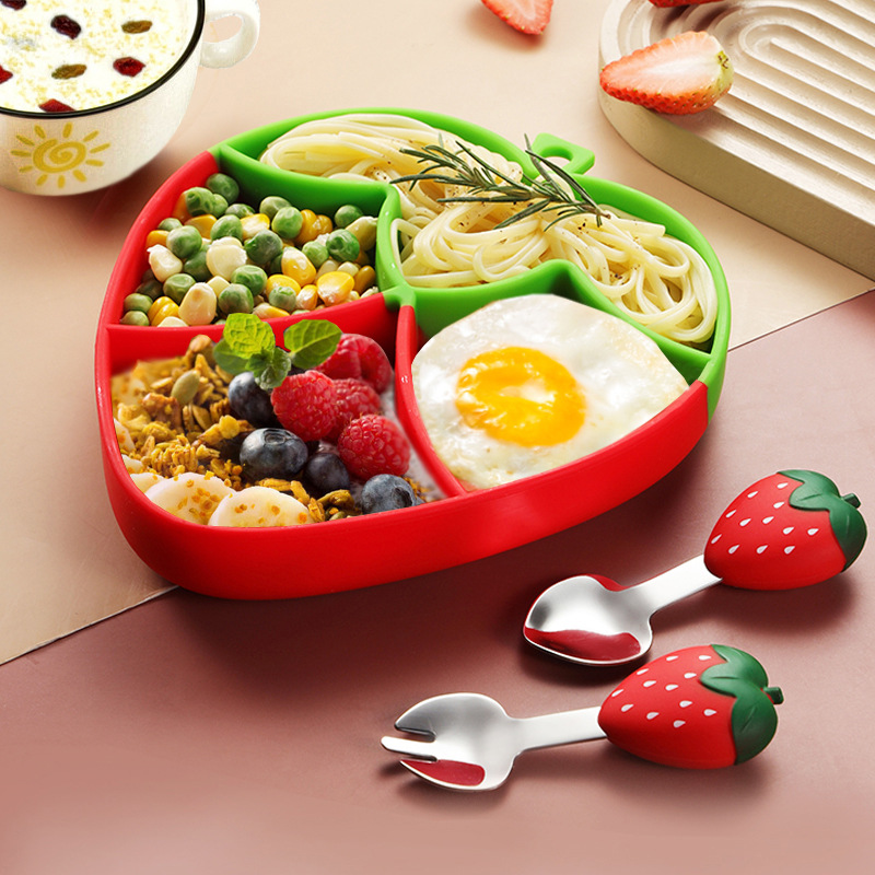 Rice bag silicone baby feeding tableware suit cartoon strawberry food supplement spoon 304 stainless steel fork spoon sucker plate