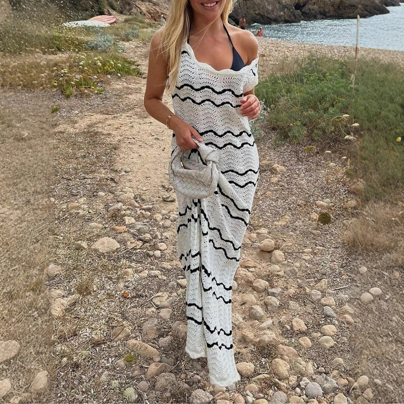 Summer Elegant Vacation Contrast Color Square Neck Sleeveless Black and White Wave Stripe Slit Translucent Long Knitted Dress