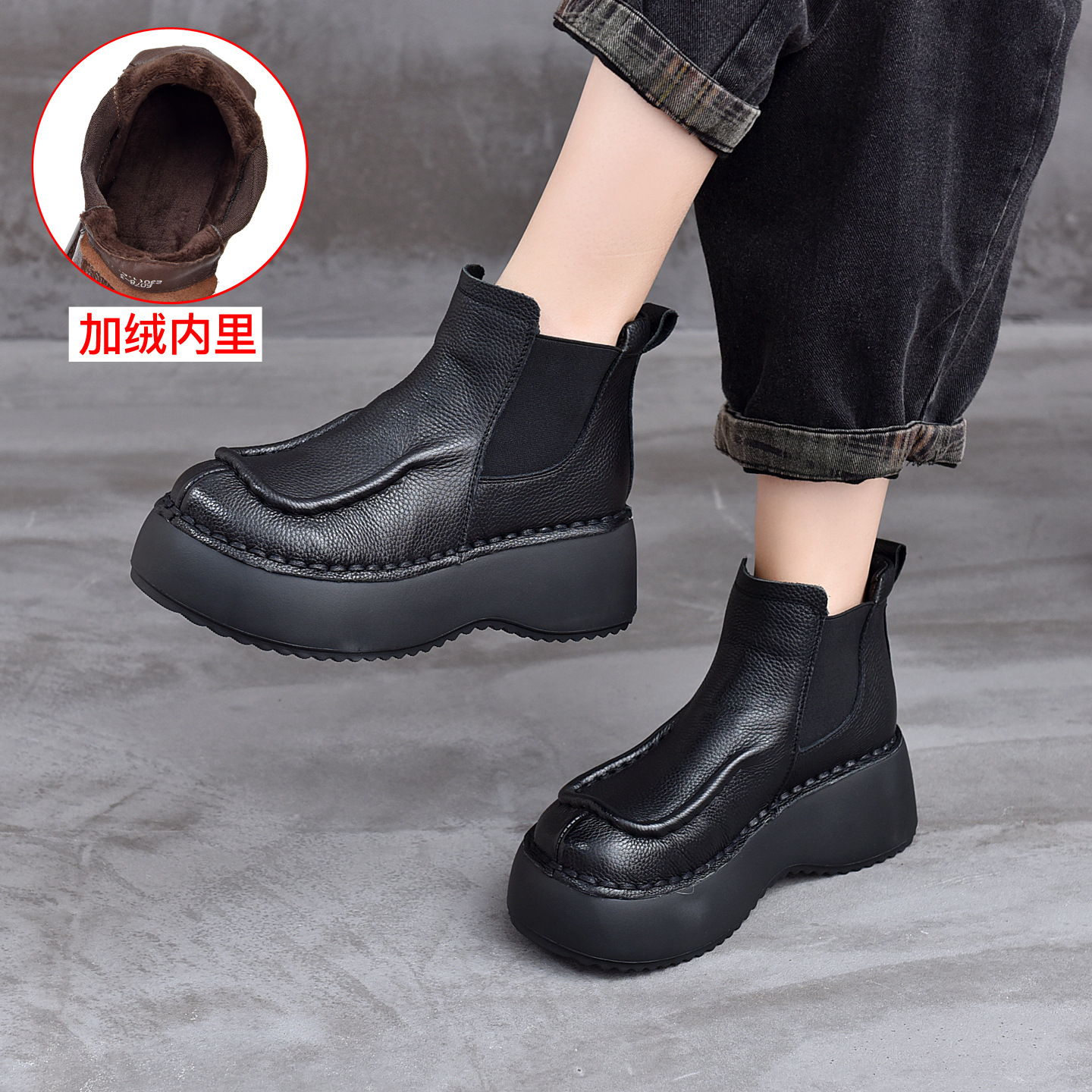 2025厚底头层牛皮复古单鞋脚蹬圆头妈妈秋冬季新款软底软皮鞋女鞋